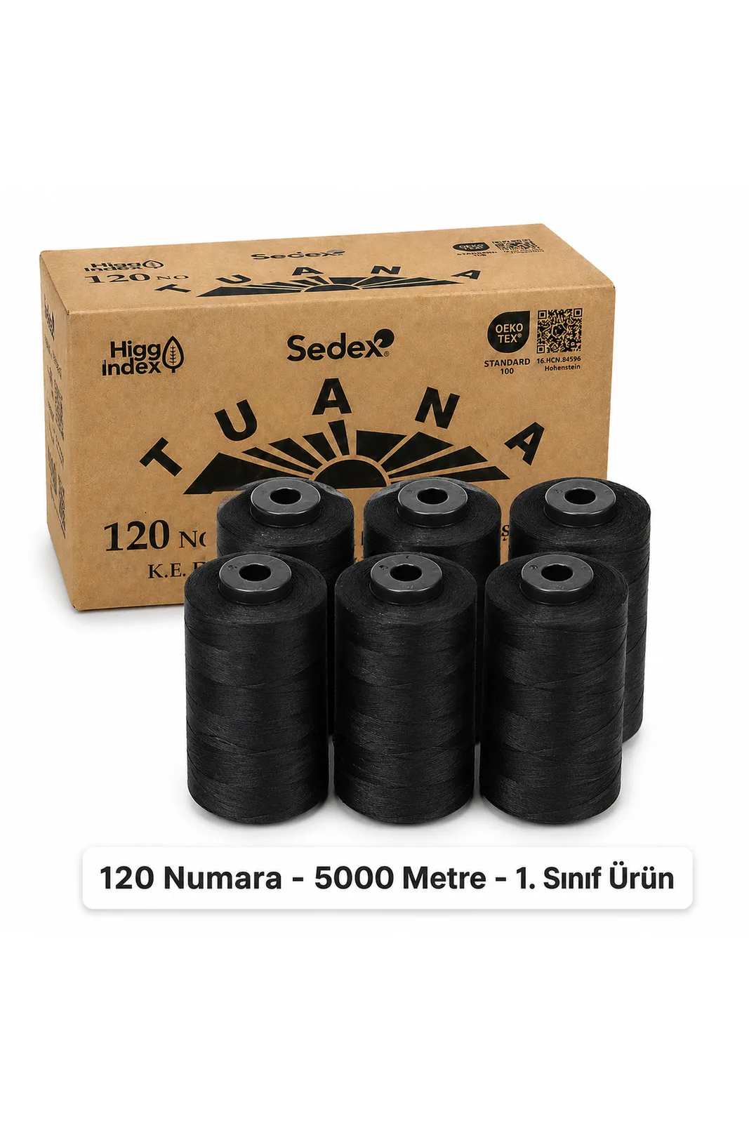 Tuana Polyester Dikiş İpliği 120 Numara 5000 Metre Siyah 6'lı Bobin Makine İpi Konfeksiyon Dikiş İpi