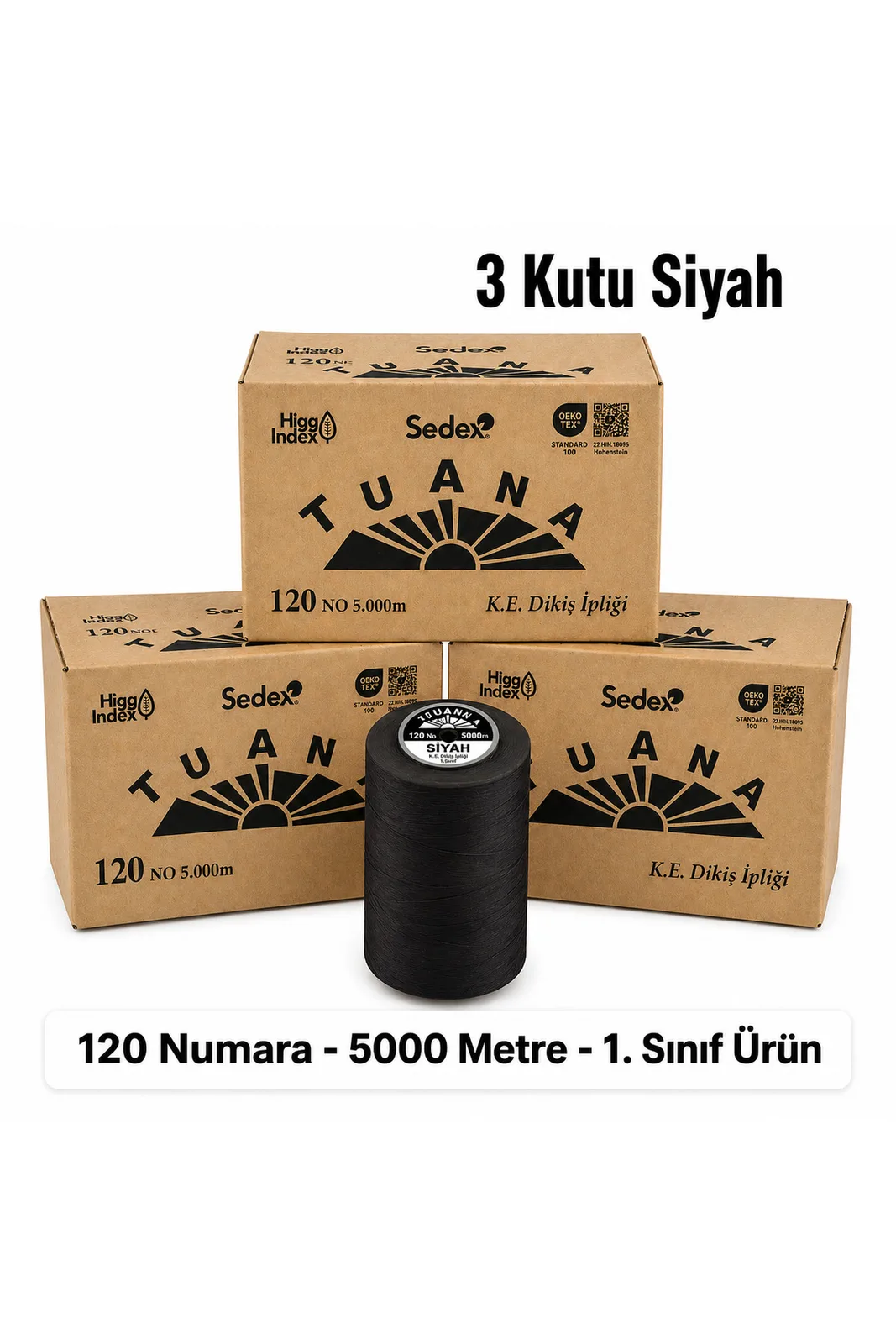 Tuana Polyester Dikiş İpliği 120 Numara 5000 Metre Siyah 18 Bobin 3 Kutu Makine İpi Dikiş İpi