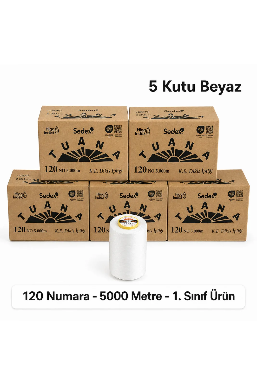 Tuana Polyester Dikiş İpliği 120 Numara 5000 Metre Beyaz 30 Bobin 5 Kutu Makine İpi Dikiş İpi