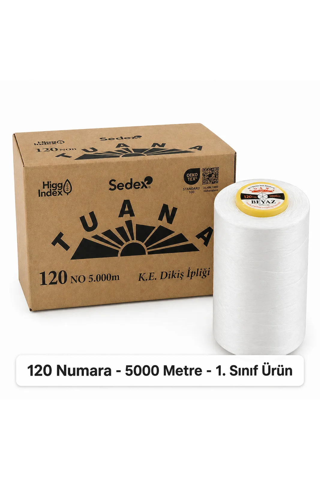 Tuana Polyester Dikiş İpliği 120 Numara 5000 Metre Beyaz Tekli Bobin Makine İpi Dikiş İpi
