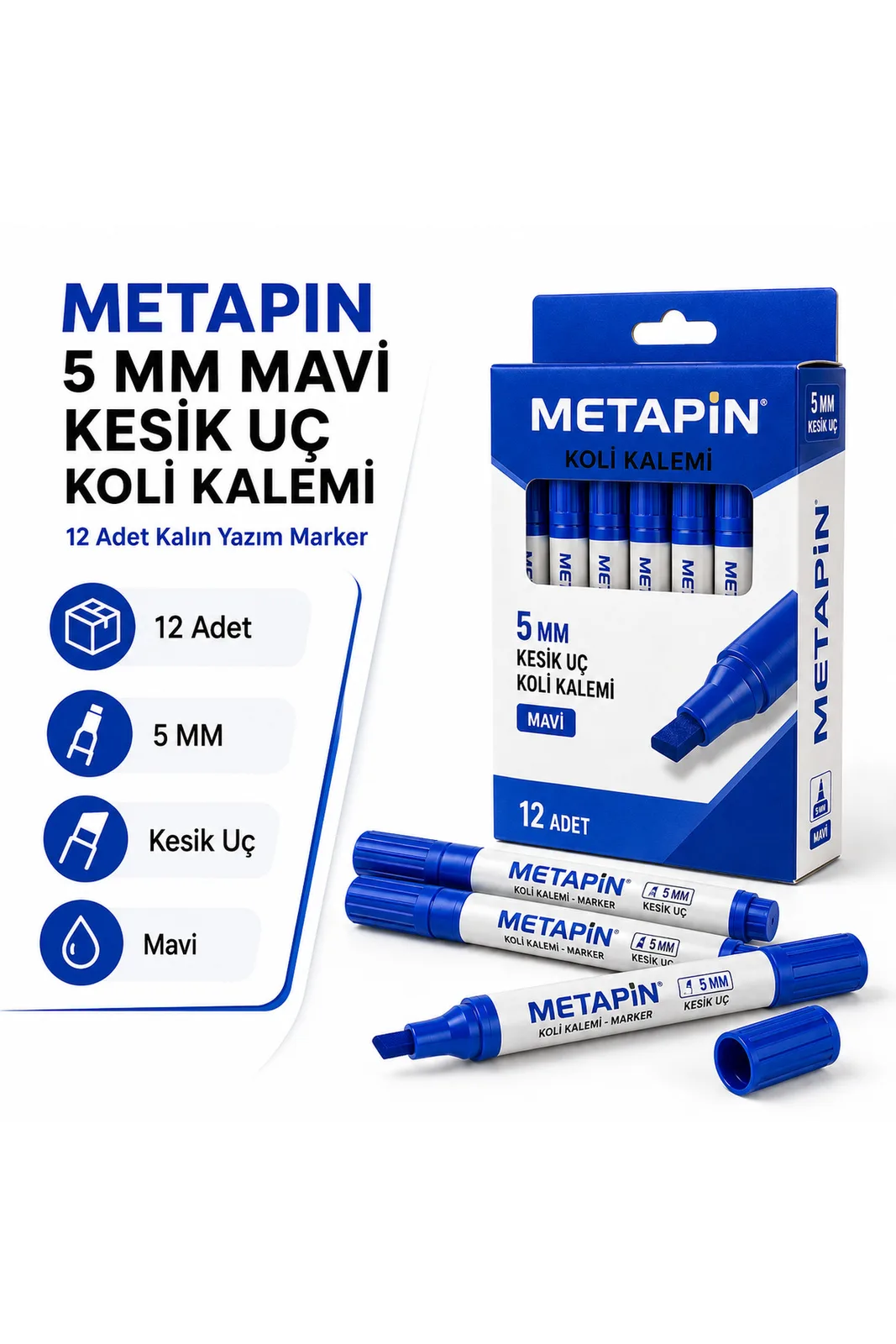 Metapin 5 mm Mavi Kesik Uç Koli Kalemi 12 Adet Kalın Uçlu Marker Koli Markörü Ambalaj İşaretleme