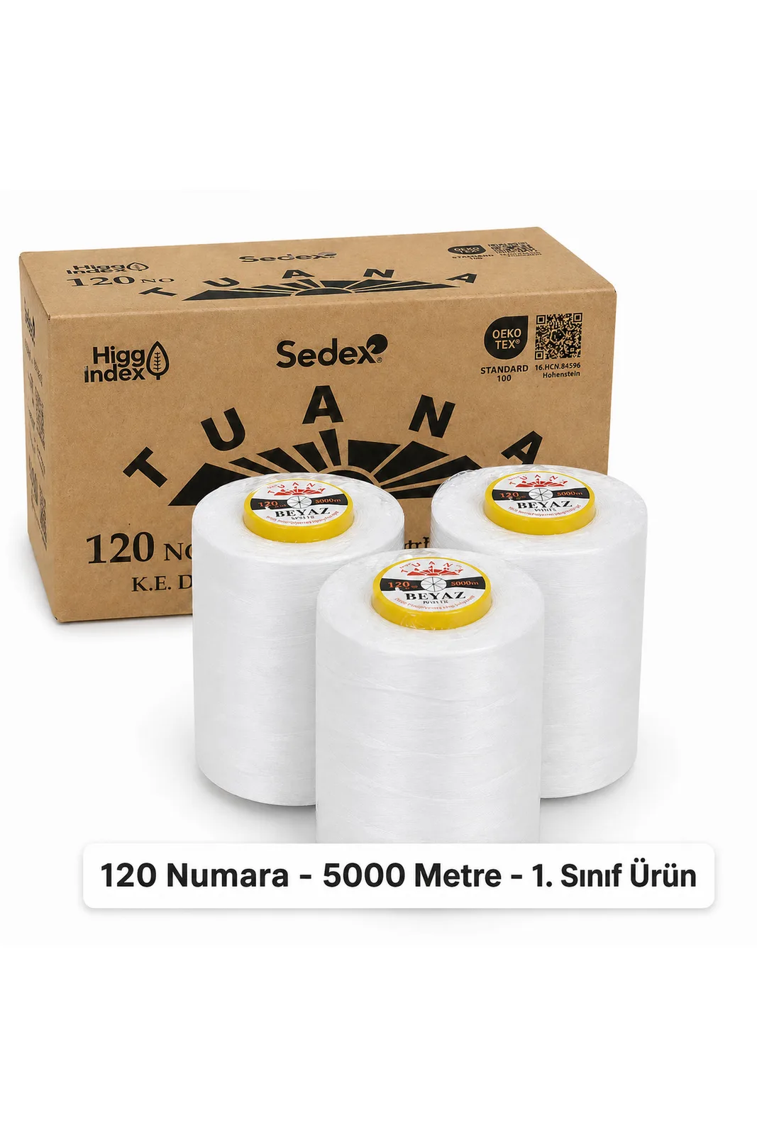 Tuana Polyester Dikiş İpliği 120 Numara 5000 Metre Beyaz 3'lü Bobin Makine İpi Konfeksiyon Dikiş İpi
