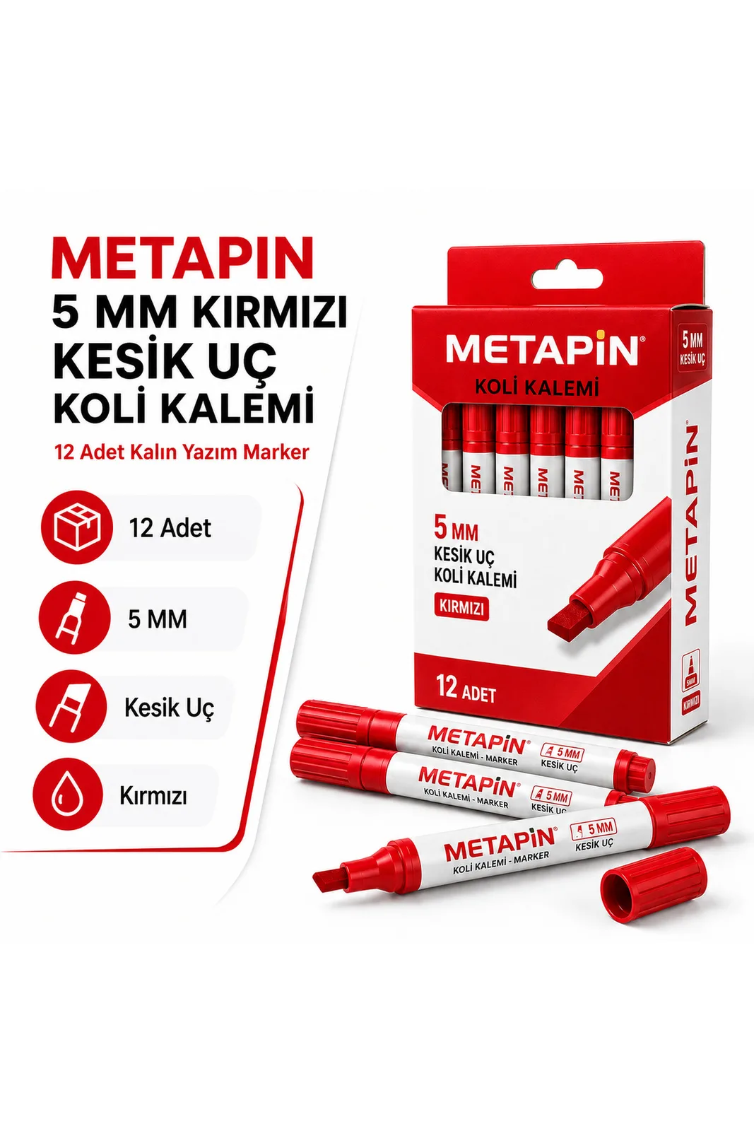 Metapin 5 mm Kırmızı Kesik Uç Koli Kalemi 12 Adet Kalın Uçlu Marker Koli Markörü Ambalaj İşaretleme