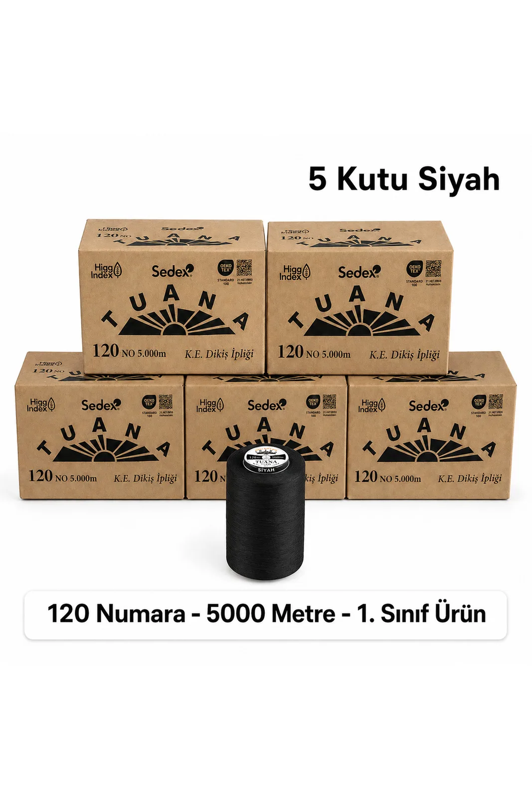 Tuana Polyester Dikiş İpliği 120 Numara 5000 Metre Siyah 30 Bobin 5 Kutu Makine İpi Dikiş İpi