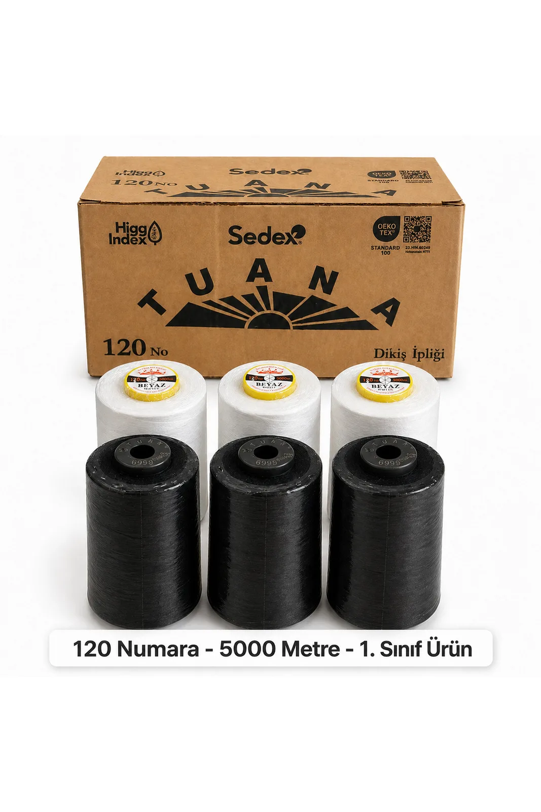 Tuana 120 Numara 5000 Metre Polyester Dikiş İpliği - 6'lı Karışık (3 Beyaz + 3 Siyah)