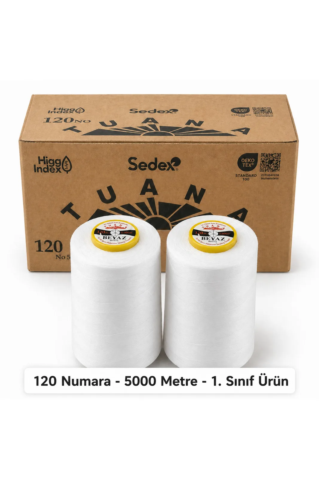 Tuana Polyester Dikiş İpliği 120 Numara 5000 Metre Beyaz 2'li Bobin Makine İpi Konfeksiyon Dikiş İpi