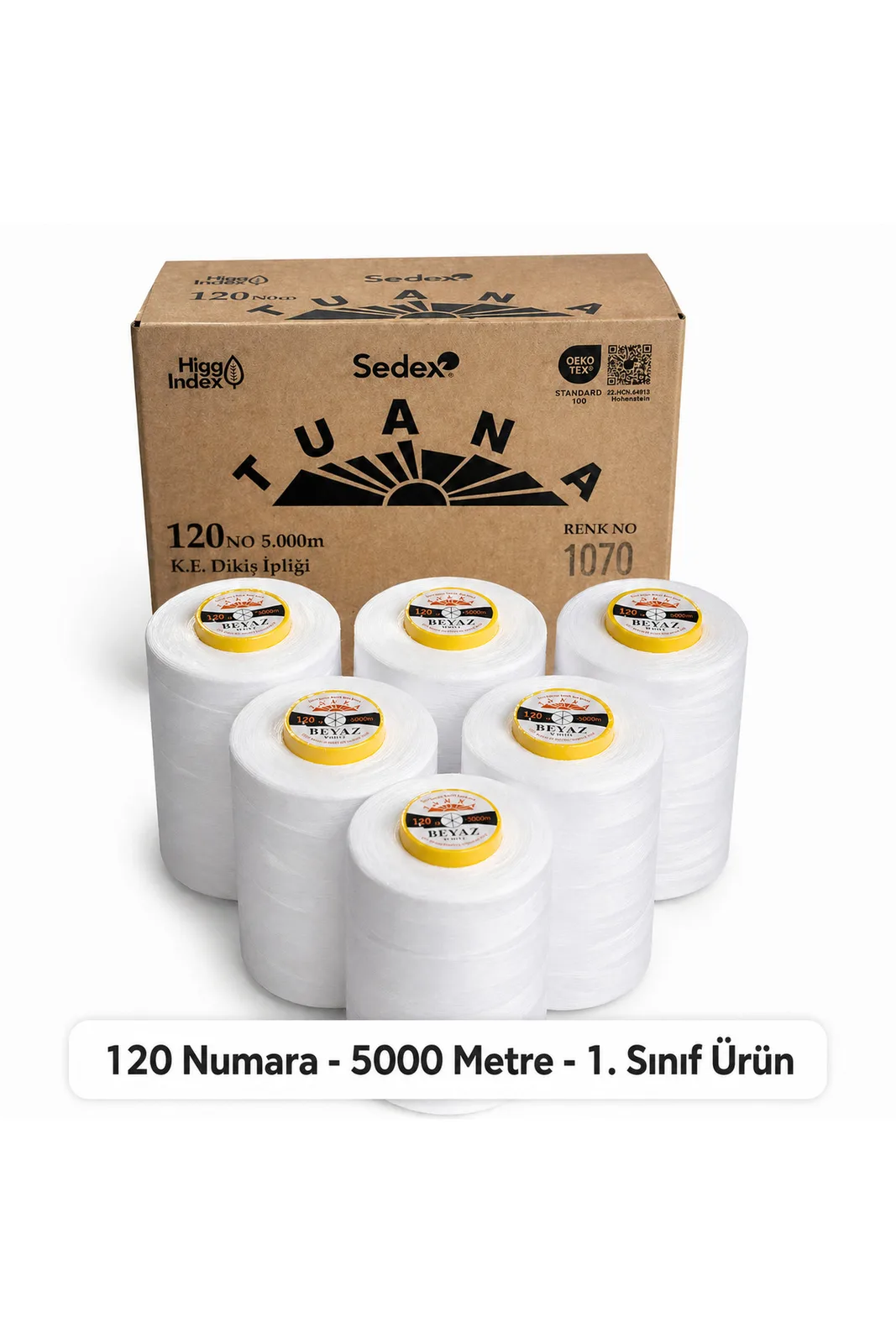 Tuana Polyester Dikiş İpliği 120 Numara 5000 Metre Beyaz 6'lı Bobin Makine İpi Konfeksiyon Dikiş İpi