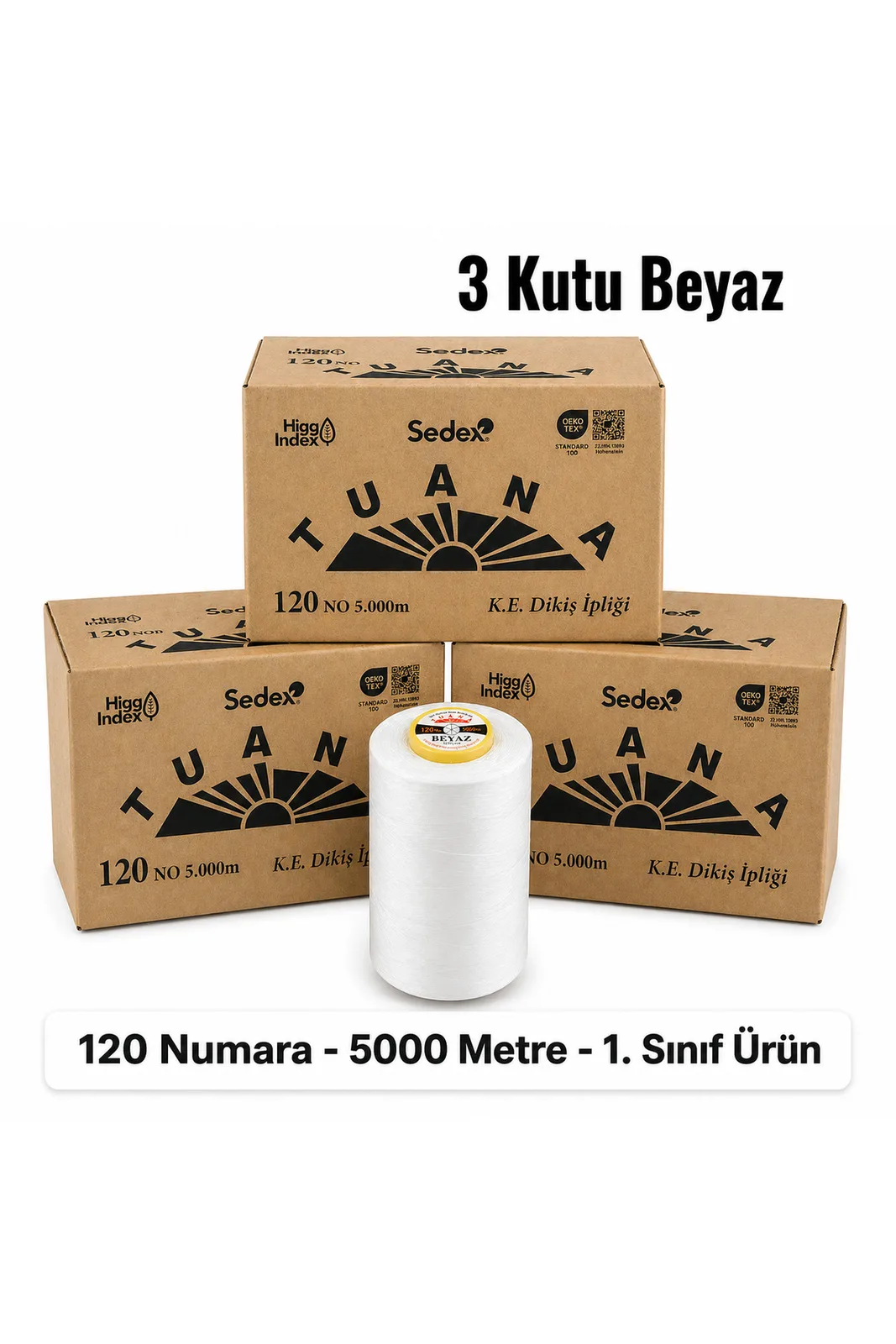 Tuana Polyester Dikiş İpliği 120 Numara 5000 Metre Beyaz 18 Bobin 3 Kutu Makine İpi Dikiş İpi