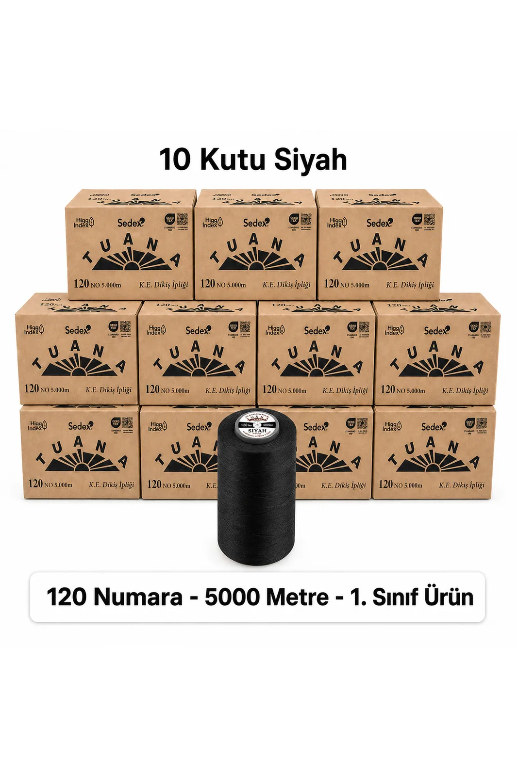 Tuana Polyester Dikiş İpliği 120 Numara 5000 Metre Siyah 60 Bobin 10 Kutu Makine İpi Dikiş İpi