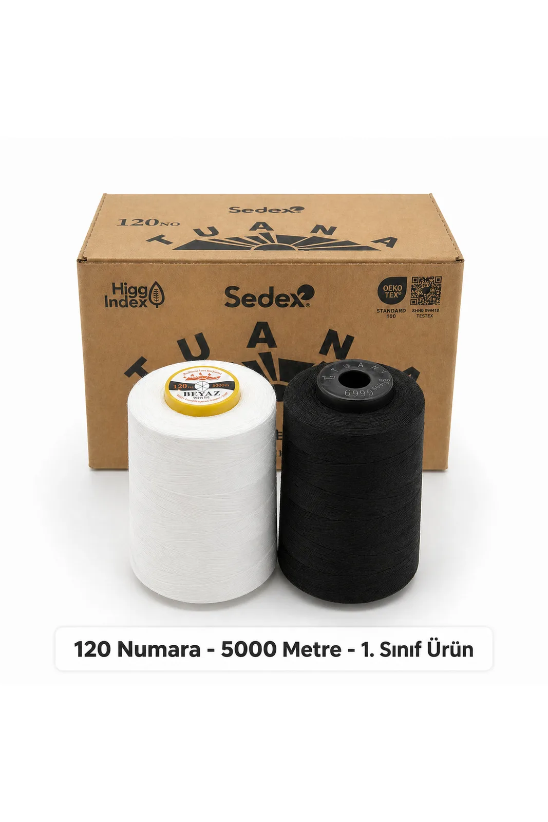 Tuana Polyester Dikiş İpliği 120 Numara 5000 Metre 2'li Bobin 1 Beyaz 1 Siyah Makine İpi Dikiş İpi