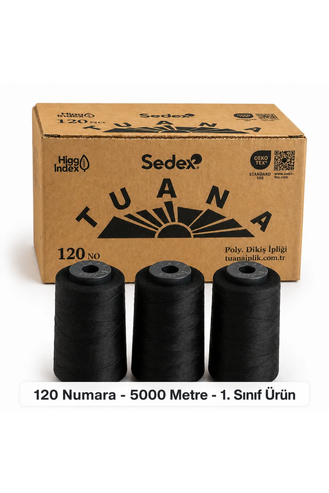 Tuana Polyester Dikiş İpliği 120 Numara 5000 Metre Siyah 3'lü Bobin Makine İpi Konfeksiyon Dikiş İpi
