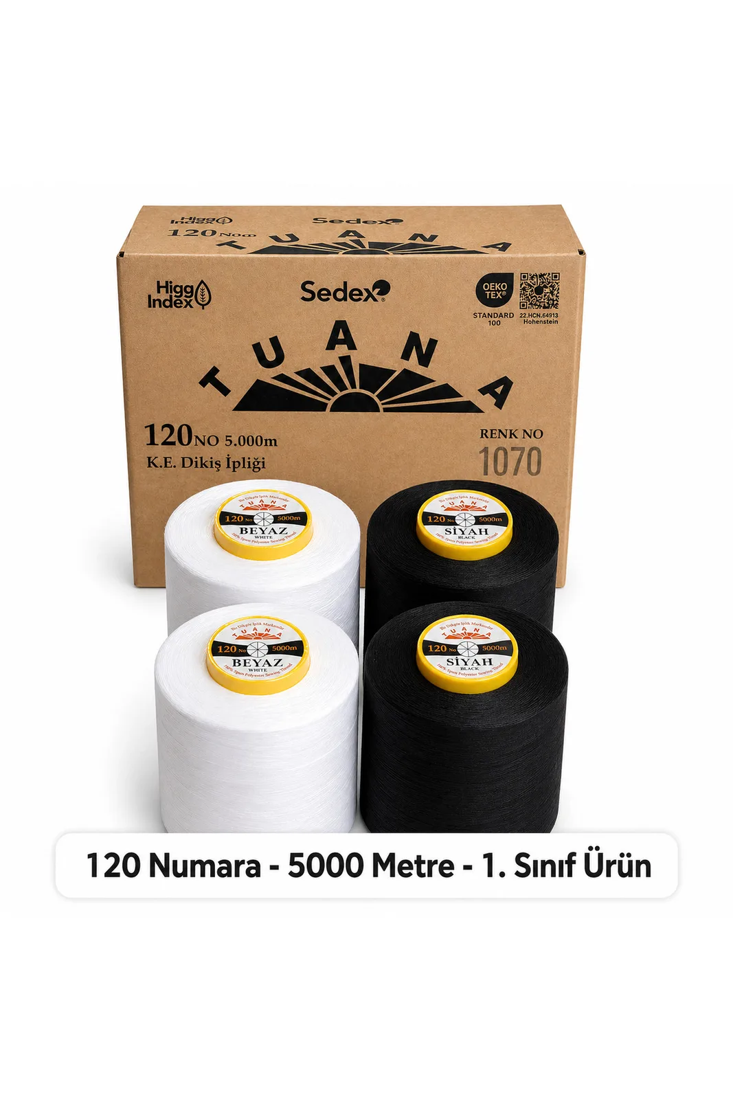 Tuana Polyester Dikiş İpliği 120 Numara 5000 Metre 4'lü Bobin 2 Beyaz 2 Siyah Makine İpi Dikiş İpi