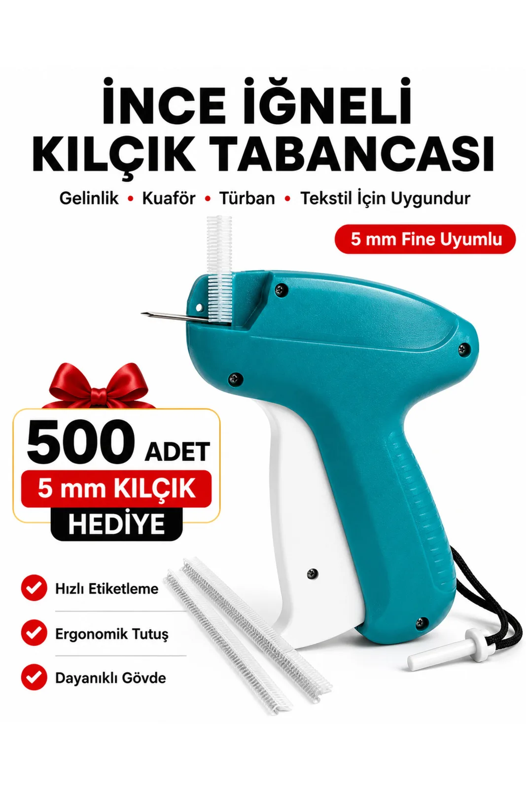 İnce İğneli 5 mm Kılçık Tabancası 500 Adet Kılçık Hediyeli Türban Gelinlik Kuaför Etiket Tabancası
