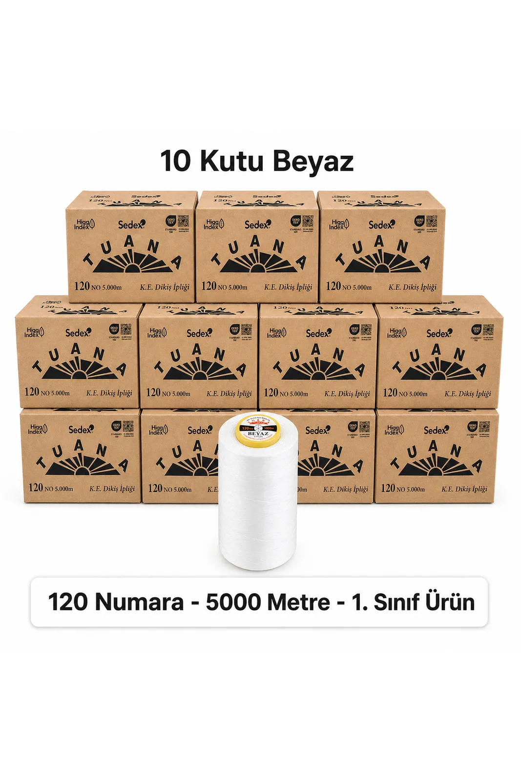 Tuana Polyester Dikiş İpliği 120 Numara 5000 Metre Beyaz 60 Bobin 10 Kutu Makine İpi Dikiş İpi